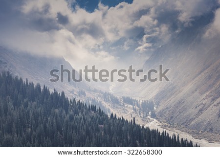 The panorama of mountain landscape of Ala-Archa gorge in the summer\'s day, Kyrgyzstan.