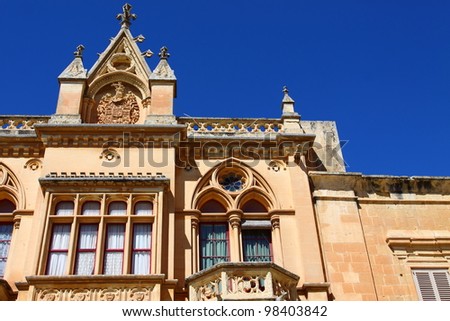 Classic Gothic architecture on a house in the old city of Mdina in Malta