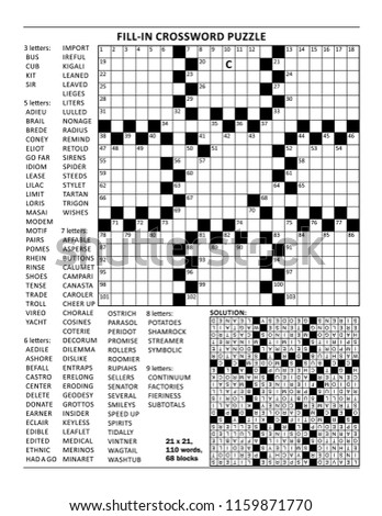 Fill in the blanks crossword puzzle with american style grid of 21x21 size, 68 blocks, 110 words, one letter revealed. Answer included.