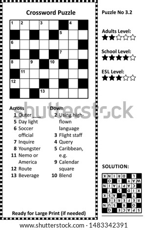 Crossword puzzle. Grid, clues and solution. Classic, quick, family friendly. Easy to medium difficulty level.