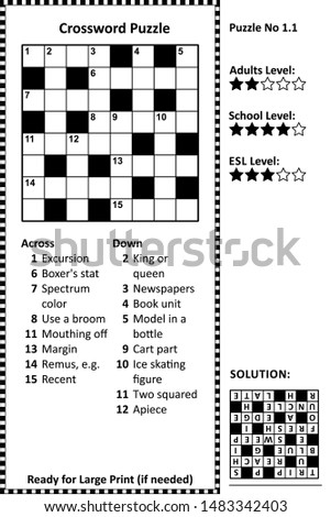 Crossword puzzle. Grid, clues and solution. Classic, quick, family friendly. Easy to medium difficulty level.