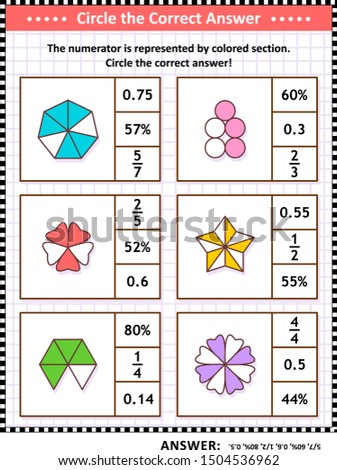 Math puzzle, worksheet or task cards for school children and adults. Circle the correct answer. Find the number equivalent for each pictorial, or visual, fraction representation. Answer included.