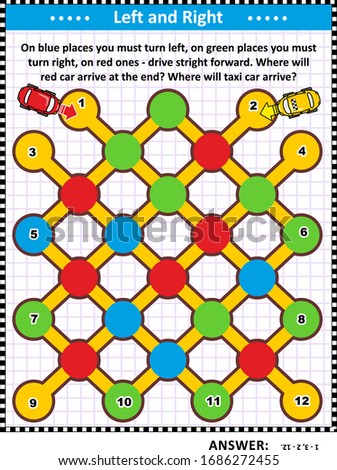 Left and right maze game for kids and adults: On blue places you must turn left, on green places you must turn right, on red ones - drive stright forward. Where will red car arrive at the end? Taxi?