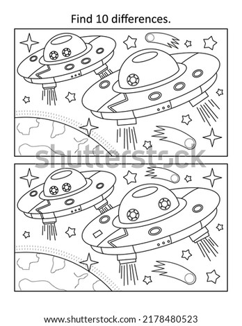 UFO ships in Earth orbit. Find 10 differences picture puzzle and coloring page. Black and white.