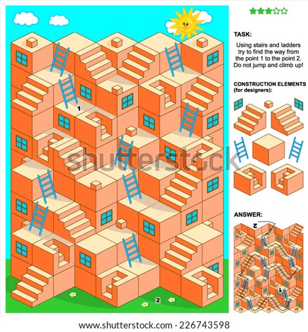 3d maze game: Using stairs and ladders try to find the way from the point 1 to the point 2. Do not jump and climb up! Answer included. Plus construction elements for designers.