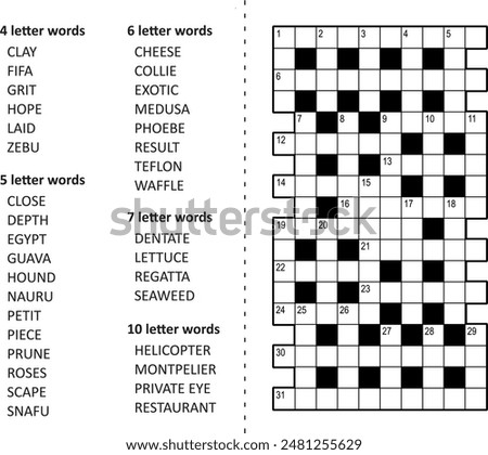 Crossword puzzle game: fill in the blanks with the words (from CLAY to RESTAURANT) provided
