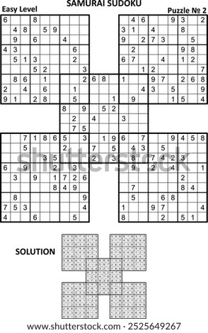 Samurai sudoku puzzle game № 2. Easy level. Answer, or solution, included.
