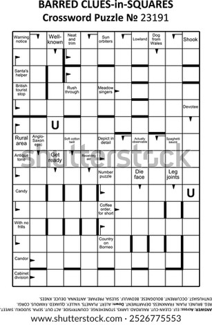 Barred clues-in-squares crossword puzzle game № 23191. Letter U is a hint. Answer included.
