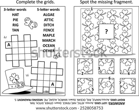 Activity page with two puzzles. Fill-in crossword puzzle. Spot the missing fragment. St. Patrick's Day holiday motives. Black and white. Answers included.
