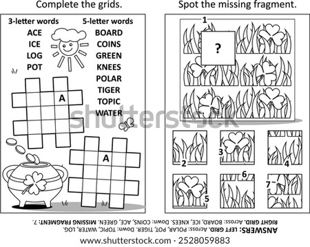 Activity page with two puzzles. Fill-in crossword puzzle. Spot the missing fragment. St. Patrick's Day holiday motives. Black and white. Answers included.
