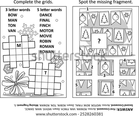 Activity page with two puzzles. Black and white, printable. Answers included.
