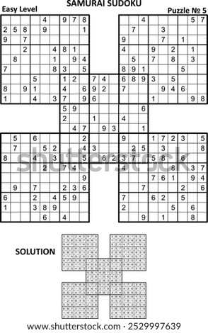 Samurai sudoku puzzle game № 5. Easy level. Answer, or solution, included.
