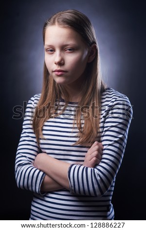 Portrait Of A Little Girl With Evil Face Stock Photo 128886227 ...