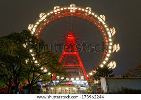 VIENNA, AUSTRIA - NOVEMBER 23: Wiener Riesenrad in Prater Park at night on November 23, 2013 in Vienna, Austria. Giant Ferris Wheel (64.75-meter tall) is one of the best attractions of the city.