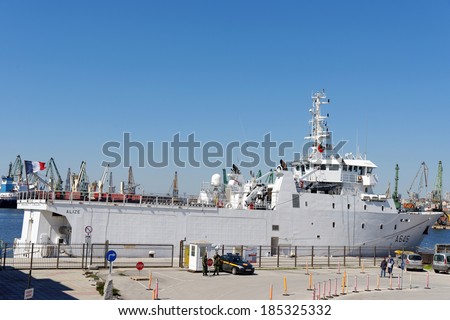 VARNA, BULGARIA - MARCH 30, 2014: The French Navy diving support ship  A645 Alize at the Varna Passenger Terminal. Bulgarian and French military divers conducted a combined training in the Varna gulf.
