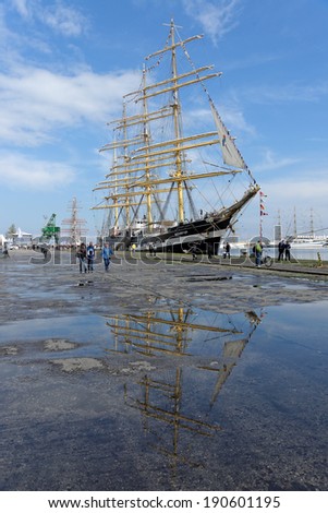 VARNA, BULGARIA - APRIL 30, 2014: Varna is a host of the prestigious international maritime event  for a second time - the SCF Black Sea Tall Ships Regatta. The Russian \
