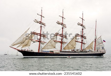 VARNA, BULGARIA - MAY 03, 2014: Historical seas Tall Ship Regatta 2014. The Russian  tall ship  \