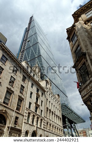 LONDON, UK - JULY 1, 2014: The famous office building - The Cheesegrater (Leadenhall Building) in the City of London, one of the leading centers of global finance.