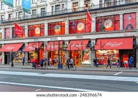 LONDON, UK - JULY 1, 2014: Hamleys Toy Shop on Regent Street in London in the evening. Founded in 1760, Hamleys is the oldest toy shop in the world.