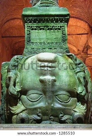 A marble Medusa head sculpture used as a column base in the Basilica Cistern (Yerebatan Sarnici), Istanbul Turkey