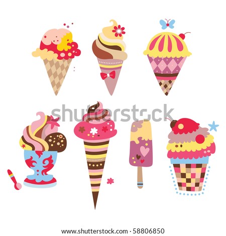 Collection of yummy ice creams with various shapes and flavors.