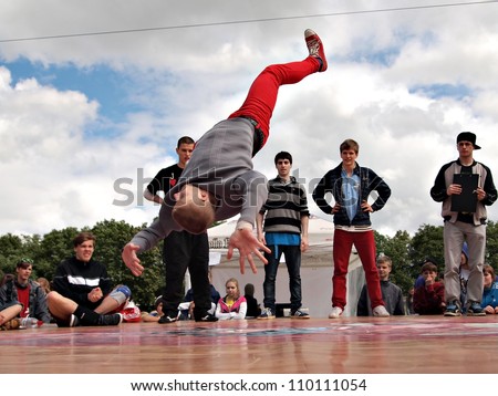 JEKABPILS, LATVIA - JUNE 2: An unidentified b-boy breakdances battle at an Dance competitions - Ghetto Games on June 2 2012 in Jekabpils, Latvia
