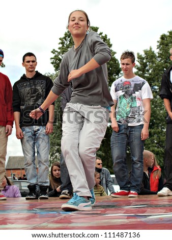 JEKABPILS, LATVIA - JUNE 2: An unidentified hip-hop dancer a dance battle at an Dance competitions - Ghetto Games on June 2 2012 in Jekabpils, Latvia