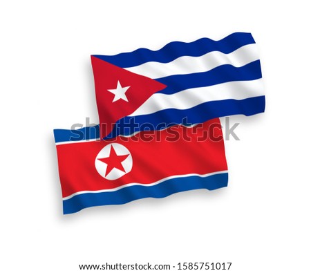 National vector fabric wave flags of North Korea and Cuba isolated on white background. 1 to 2 proportion.