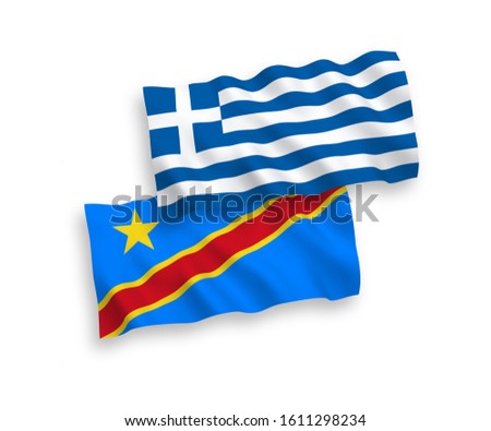 National vector fabric wave flags of Greece and Democratic Republic of the Congo isolated on white background. 1 to 2 proportion.