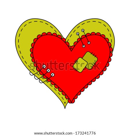 Two Colored Hearts Sewn with Thread to Each Other on a White Background. Raster version