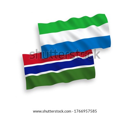 National vector fabric wave flags of Republic of Gambia and Sierra Leone isolated on white background. 1 to 2 proportion.