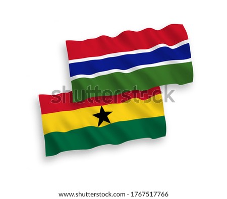 National vector fabric wave flags of Republic of Gambia and Ghana isolated on white background. 1 to 2 proportion.