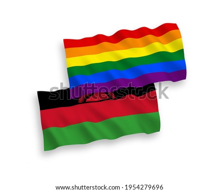 National vector fabric wave flags of Malawi and Rainbow gay pride isolated on white background. 1 to 2 proportion.