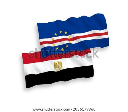 National vector fabric wave flags of Republic of Cabo Verde and Egypt isolated on white background. 1 to 2 proportion.