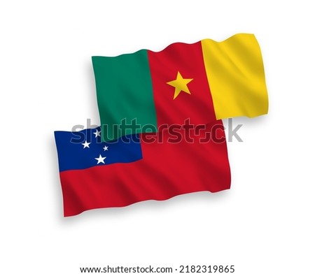 National vector fabric wave flags of Independent State of Samoa and Cameroon isolated on white background. 1 to 2 proportion.