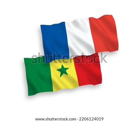 National vector fabric wave flags of France and Republic of Senegal isolated on white background. 1 to 2 proportion.