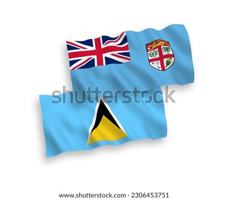 National vector fabric wave flags of Republic of Fiji and Saint Lucia isolated on white background. 1 to 2 proportion.