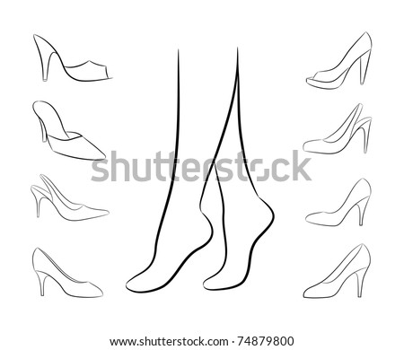 Silhouette Of Women Feet, Surrounded By Womens Shoe On White Background ...