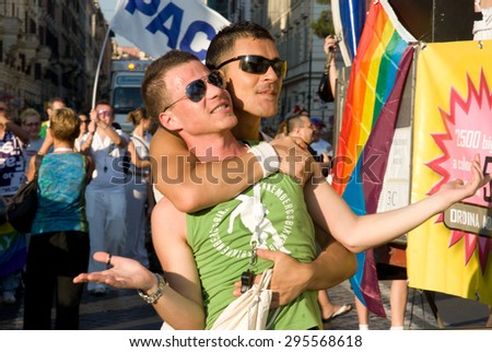 ROME, ITALY - JUNE 24 2006. Gay pride day, parade people on city streets during the demonstration