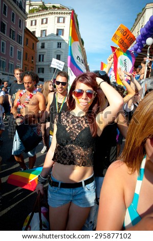 ROME, ITALY - JUNE 11 2011. Euro gay pride day, parade people on city streets during the demonstration