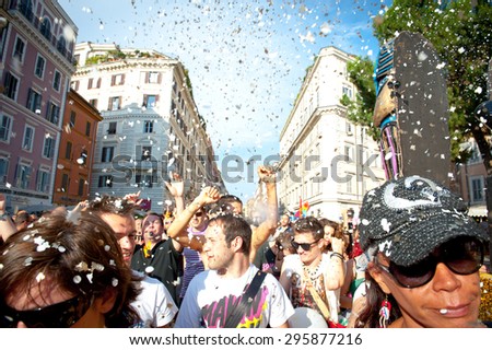 ROME, ITALY - JUNE 11 2011. Euro gay pride day, parade people on city streets during the demonstration. People celebrating