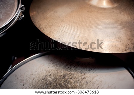 Drums detail in studio, ride and snare drum parts in selective focus
