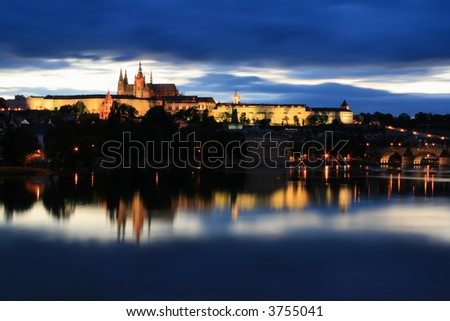 Prague castle and Vltava river (Prague, Czech Republic). Night background.