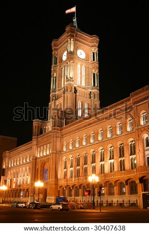 Night view of Red Town hall (Berlin Rotes Rathaus) in Berlin