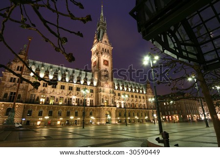 Night view of town hall in Hamburg