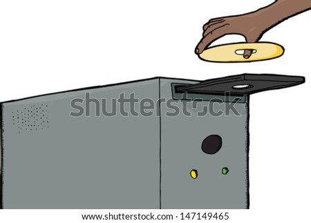 Human hand inserting CD into computer over white background