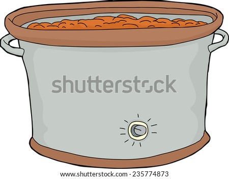 Cartoon slow cooker with food over white background