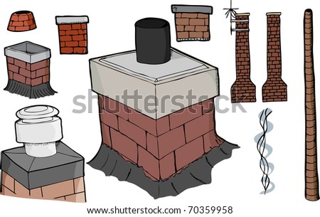 Nine various chimney illustrations with smoke stream and antenna versions.