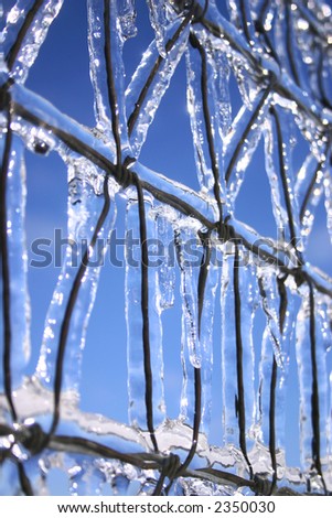 A wire fence encased in ice after the Jan 2005 ice storm in Wichita Kansas.