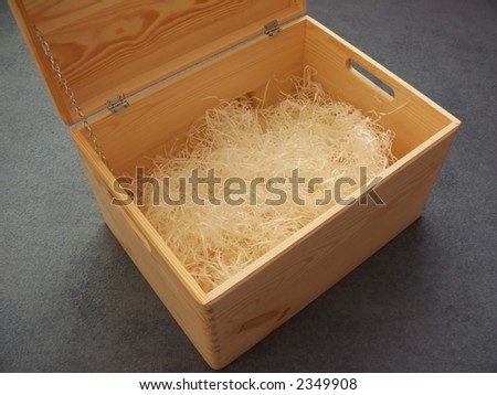wooden box, interesting place to gift with safe filling (pieces paper),  metal chain,